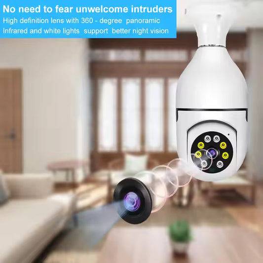 Light Bulb Camera 1080P, PTZ WiFi 360 Degree E27 Panoramic IP Camera,Outdoor Indoor 360 PTZ Bulb Security Camera Night Vision, Motion Detection,WiFi, APP Access, Waterproof