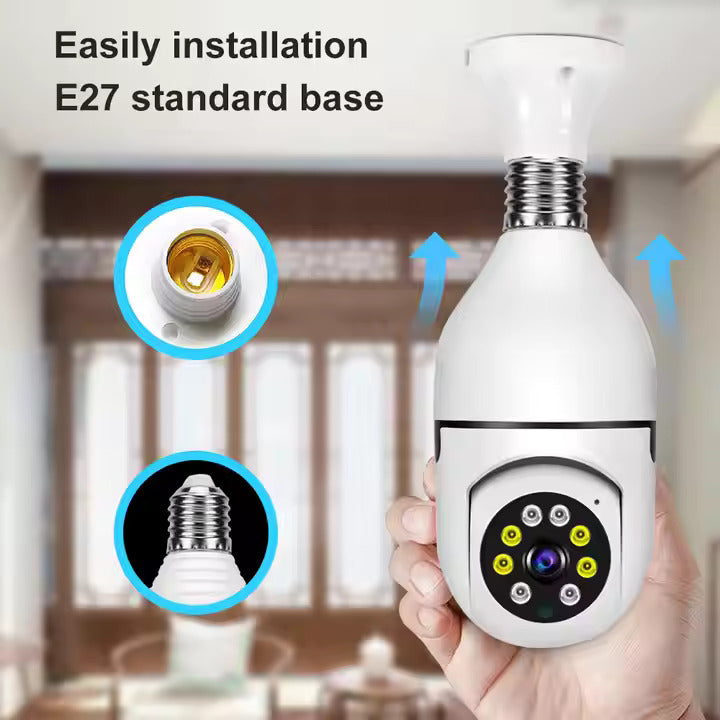Light Bulb Camera 1080P, PTZ WiFi 360 Degree E27 Panoramic IP Camera,Outdoor Indoor 360 PTZ Bulb Security Camera Night Vision, Motion Detection,WiFi, APP Access, Waterproof