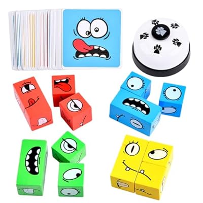Wooden Face Changing Magic Cube Game, Expression Puzzle Building Blocks Pattern Matching Game, Educational Puzzles Toy Board Games for Kids and Adults with Bell