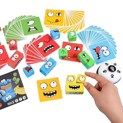 Wooden Face Changing Magic Cube Game, Expression Puzzle Building Blocks Pattern Matching Game, Educational Puzzles Toy Board Games for Kids and Adults with Bell