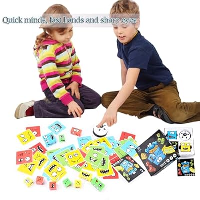 Wooden Face Changing Magic Cube Game, Expression Puzzle Building Blocks Pattern Matching Game, Educational Puzzles Toy Board Games for Kids and Adults with Bell
